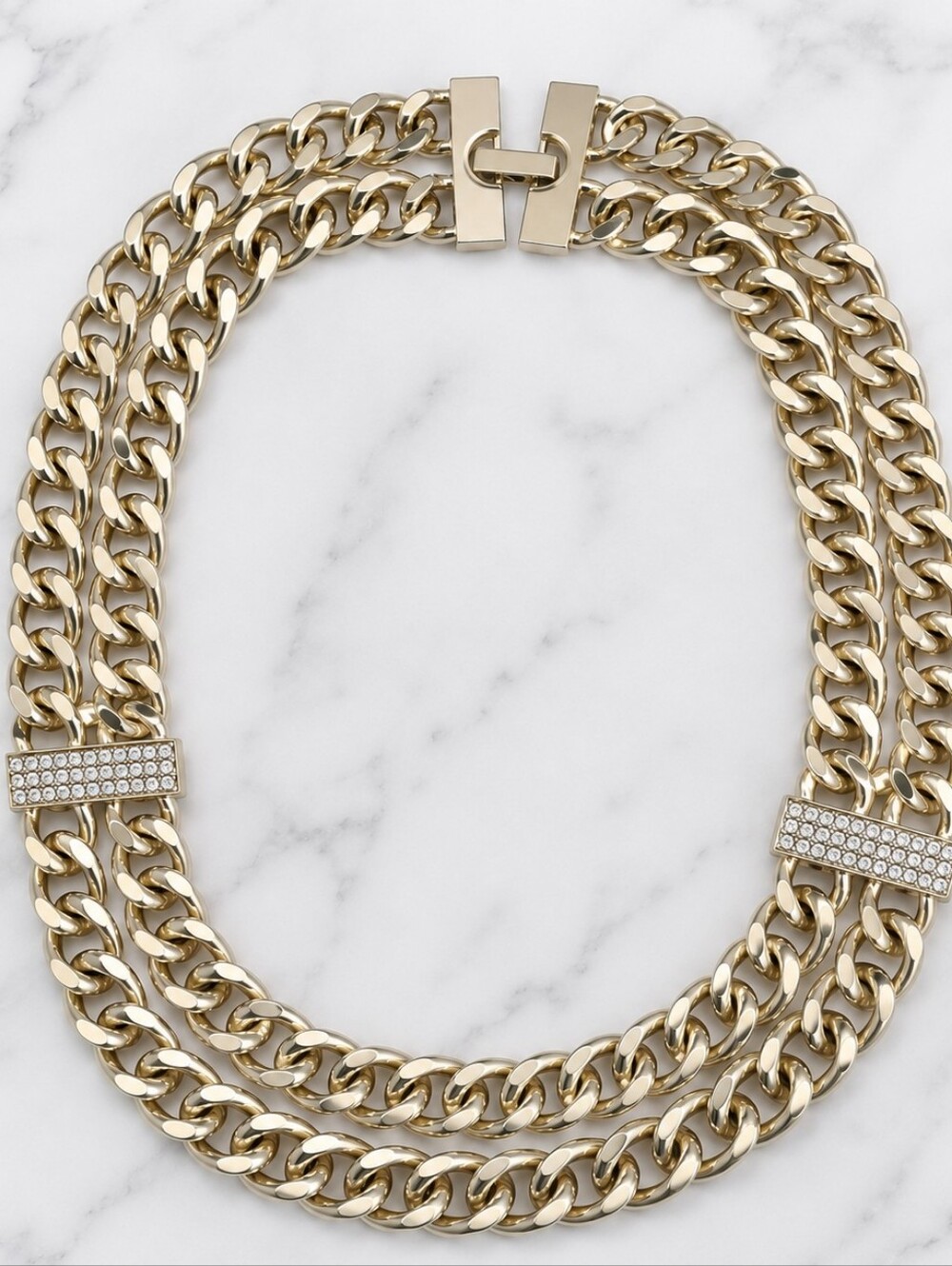 Gold Tone Layered Cuban Link Chain Rhinestone Statement Necklace NWOT